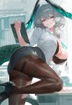  1girl absurdres arknights ass black_bra black_skirt blush bra breasts brown_pantyhose cleavage clipboard collared_shirt commentary_request green_eyes grey_hair grin head_wings high_heels highres ho'olheyak_(arknights) huge_breasts lanyard long_sleeves looking_at_viewer medium_hair miniskirt pantyhose pencil_skirt shirt skirt smile snake_tail solo suujiniku tail thighband_pantyhose thighs unbuttoned unbuttoned_shirt underwear white_shirt wings 