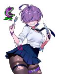  1girl absurdres ahoge artist_logo breasts chomper_(plants_vs._zombies) collared_shirt commentary_request covered_eyes curvy dixretsa earrings english_commentary fork hair_over_eyes highres holding holding_fork holding_knife jewelry knife large_breasts leg_belt logo monster_girl nail_polish necktie pantyhose personification plant_girl plants_vs._zombies purple_hair sharp_teeth shirt sleeves_rolled_up stud_earrings teeth thick_thighs thighs torn_clothes torn_pantyhose wristband 