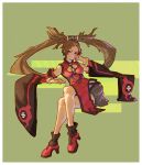  1girl black_boots boots border brown_hair chinese_clothes cleavage_cutout clothing_cutout commentary crossed_legs detached_sleeves dotr_art dress full_body furisode_sleeves green_background guilty_gear guilty_gear_strive hair_ornament hairclip hand_on_own_face highres kuradoberi_jam long_hair multicolored_boots neck_tassel pelvic_curtain print_sleeves qipao red_boots red_dress red_eyes simple_background sitting sleeveless sleeveless_dress solo tassel two-tone_boots untranslatable_commentary white_border 