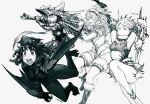  4girls :t animal_costume armor artist_collaboration artist_name bandaged_arm bandages bare_legs bodysuit boots breastplate breasts character_request claws closed_mouth commentary_request cosplay dot_nose dragon_costume dragon_tail dragon_wings eyelashes feet_out_of_frame foot_out_of_frame full_body fur-trimmed_boots fur-trimmed_thigh_strap fur_trim gg_koki glowing glowing_eyes greatsword greyscale hairband holding holding_sword holding_weapon ito_(silva) jun_(navigavi) knee_boots large_breasts long_hair looking_to_the_side medium_hair midriff monochrome monster_hunter_(series) multiple_girls nargacuga nishi nose open_mouth pauldrons reaching short_hair shoulder_armor signature simple_background strapless sword tail taut_bodysuit taut_clothes tearing_up teeth thigh_strap tongue tube_top turtleneck turtleneck_bodysuit upper_teeth_only vambraces vest weapon white_background wings 