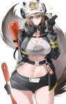  1girl absurdres animal_ear_helmet animal_ears animal_helmet arknights black_gloves black_jacket breasts brown_eyes brown_hair firefighter firefighter_jacket gloves helmet highres holding jacket long_sleeves looking_at_viewer madana_gege shaw_(arknights) short_hair solo squirrel_girl squirrel_tail tail thighs 