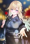  1girl :d aizawa_ema aqua_hair bag black_kimono black_ribbon blonde_hair blue_eyes blurry blurry_background blush braid breasts candy_apple commentary earrings floating_hair floral_print floral_print_kimono food gradient_hair hair_flaps hair_ribbon highres holding holding_bag holding_candy_apple holding_food japanese_clothes jewelry kimono kinchaku large_breasts long_hair long_sleeves looking_at_viewer manyako_(mohumohu) multicolored_hair night obi obijime offering_hand open_mouth outdoors pouch print_kimono ribbon sash smile solo summer_festival virtual_youtuber vspo! wide_sleeves yukata 