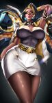  1girl black_hair blonde_hair blonde_streaks breasts brown_lips cleavage colored_bangs commentary_request crystal_earrings dark-skinned_female dark_skin desi domina_(overwatch) earrings fur-trimmed_bodysuit gold_bracer highres jewelry large_breasts marilyn_rhcp mechanical_arms multicolored_hair overwatch short_hair single_bracer skirt solo strapless_bodysuit streaked_hair two-tone_hair 