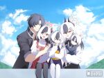  1boy 4girls aged_up alternate_costume black_hair black_horns blue_archive breasts child choker closed_mouth demon_horns exe.31 family father_and_child father_and_daughter grey_halo hair_between_eyes halo highres horns if_they_mated kayoko_(blue_archive) long_hair long_sleeves looking_at_viewer mother_and_child mother_and_daughter multicolored_hair multiple_girls original parent_and_child red_eyes simple_background two-tone_hair white_background white_hair wings 