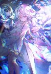 1girl arcaea bow carnation closed_mouth commentary cowboy_shot crossed_bangs detached_wings dress dress_bow flower frilled_dress frilled_sleeves frills garter_straps hair_between_eyes hair_bow highres hikari_(arcaea) hikari_(fatalis)_(arcaea) long_hair long_sleeves looking_at_viewer mechanical_wings pink_bow pink_carnation pink_flower qier-mope red_eyes solo thighhighs white_dress white_hair white_thighhighs wide_sleeves wings 