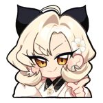  1girl ahoge animated animated_gif astrae_oratio asymmetrical_bangs black_ribbon blonde_hair blush box brown_eyes collared_shirt dot_nose earrings finger_gun flower fur_jacket gift gift_box hair_flower hair_intakes hair_ornament hair_ribbon jacket jewelry keikou_mayoi kokumosu looking_at_viewer lowres medium_hair mole mole_on_forehead necklace official_art pearl_earrings pointing pointing_at_viewer red_ribbon ribbon second-party_source shirt sidelocks simple_background smile solo too_many_gifts white_background winking_(animated) 