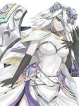  1girl absurdres black_gloves breasts capelet closed_mouth collar commentary_request dress duel_masters duel_masters_play's elbow_gloves gloves gradient_clothes grey_hair hair_over_one_eye highres kingra_duel large_breasts shield solo veil wedding_(duel_masters) white_capelet white_dress 