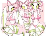  1girl absurdres arthropod_girl arthropod_limbs bikini breasts colored_sclera colored_skin commentary deltarune english_commentary eyelashes floral_print floral_print_bikini furry furry_female green_sclera green_thighhighs highres idolomantises invisible_chair mantis_(deltarune) mantis_girl medium_breasts monster_girl multiple_views navel orchid_mantis pink_background pink_bikini praying_mantis print_bikini raptoriales seiza simple_background sitting swimsuit thighhighs utdr_(toby_fox) white_skin yellow_eyes 