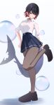 1girl absurdres adjusting_clothes adjusting_shoe air_bubble black_choker black_hair black_pantyhose black_shoes breasts bubble choker colored_inner_hair commentary_request ellen_joe ellen_joe_(on_campus) fins fish_tail full_body highres leg_up looking_at_viewer metaria_art mole mole_under_eye multicolored_hair official_alternate_costume pantyhose red_eyes red_hair shark_girl shark_tail sharp_teeth shirt shoes short_hair skirt solo standing standing_on_one_leg tail teeth white_shirt zenless_zone_zero 