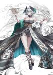  1girl absurdres ambience_synesthesia aqua_eyes aqua_feathers aqua_wings arknights bare_shoulders black_dress bracelet breasts cleavage commentary_request dress feathered_wings grey_hair hair_between_eyes head_wings highres ho'olheyak_(arknights) ho'olheyak_(carriage_of_the_winds_of_time)_(arknights) jewelry large_breasts looking_at_viewer medium_hair mushuang_goner official_alternate_costume scales smile snake_tail solo strapless strapless_dress tail two-tone_feathers two-tone_wings wings 