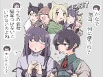  1boy 5girls absurdres anger_vein animal_ear_hairband animal_ears black_hair blonde_hair blush brown_eyes brown_hair cat_ear_hairband cat_ears chang_chin-lan character_request choko_(cup) closed_eyes collared_shirt commentary_request copyright_request cup double_v drunk earrings fake_animal_ears green_hoodie green_shirt grey_background gujyo_kanade hairband highres holding holding_cup hood hoodie jewelry kamiina_botan_yoeru_sugata_wa_yuri_no_hana mole mole_under_eye multiple_girls neck_ribbon open_mouth purple_sweater red_ribbon ribbon shirt short_hair simple_background squeans sweater translation_request turtleneck turtleneck_sweater v xoo_(x) 