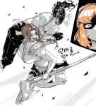  1other 2girls absurdres armor axe blue_eyes braid breasts brown_hair carrying choehye79976282 clock collared_shirt commentary_request dante_(limbus_company) gloves highres holding holding_axe ishmael_(project_moon) korean_commentary large_breasts leather_armor limbus_company long_hair monochrome multiple_girls muscular muscular_female object_head orange_hair pants partially_colored project_moon rodion_(project_moon) shirt viking white_background 