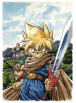  1990s_(style) 1girl 3boys arm_hair arm_wrap beard_stubble belt black_eyes black_hair black_headband blonde_hair blue_eyes blue_pants blue_shirt border brown_belt brown_cape brown_gloves cape character_request clenched_hands closed_mouth cross_scar day facial_hair fingerless_gloves furusawa_jun'ya glint gloves gonza_delcross_terius green_hair green_sash green_vest grin headband highres holding holding_sword holding_weapon kala_(riruto_no_chikai) kiseru looking_at_viewer multiple_boys official_art open_mouth orange_shirt outdoors painting_(medium) pants purple_pants red_sash retro_artstyle riruto_(riruto_no_chikai) sash scar scar_across_eye scar_on_cheek scar_on_face shirt smile smoking_pipe smoking_pipe_in_mouth standing stubble sword the_legend_of_zelda third-party_source traditional_media triforce turban vest weapon white_border white_shirt zelda_no_densetsu:_riruto_no_chikai 