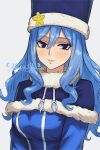  1girl artist_name blue_capelet blue_eyes blue_hair blue_hat blush breasts capelet commentary dress english_commentary fairy_tail fur-trimmed_capelet fur-trimmed_headwear fur_hat fur_trim hair_between_eyes hat highres juvia_lockser long_hair looking_at_viewer moonstosky smile solo white_background 