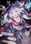  1girl absurdres boots checkered_floor choker commentary dress eyewear_on_head facial_mark frills full_body hat heart heart_facial_mark highres honkai:_star_rail honkai_(series) long_hair long_sleeves looking_at_viewer mini_hat open_mouth pink_eyes smile solo sparkle_(honkai:_star_rail) sparxie_(honkai:_star_rail) teeth top_hat tororogohan twintails untranslatable_commentary v wide_sleeves 