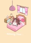  1girl absurdres ahoge animal_ears blush brown_hair chibi chokueji closed_eyes closed_mouth commentary_request gran_alegria_(umamusume) hair_between_eyes hair_ornament heart heart-shaped_pillow highres horse_ears horse_girl horse_tail lamp medium_hair multicolored_hair nightgown on_bed pillow radio smile solo tail umamusume white_nightgown window x_hair_ornament 