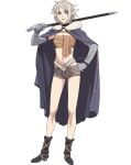  1girl arm_up artist_request bandages black_boots blonde_hair blue_cloak blue_eyes boots boukensha_ni_naritai_to_miyako_ni_deteitta_musume_ga_s_rank_ni_natteta breasts brown_shorts chest_sarashi cleavage cloak closed_mouth elbow_gloves elf full_body fur-trimmed_cloak fur_trim gloves grey_gloves hand_on_own_hip hand_up holding holding_sword holding_weapon hood hood_down hooded_cloak long_pointy_ears looking_at_viewer marguerite_(s_rank_musume) micro_shorts navel o-ring official_art over_shoulder pointy_ears sarashi scabbard second-party_source sheath sheathed short_hair shorts simple_background smile solo standing stomach sword sword_over_shoulder transparent_background weapon weapon_over_shoulder 