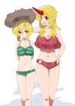  2girls alternate_costume bikini blonde_hair blush breasts cleavage commentary_request commission feet_out_of_frame green_bikini green_eyes hat highres horns hoshiguma_yuugi koma_kitsune_(kururito) large_breasts long_hair looking_at_another medium_breasts mizuhashi_parsee multiple_girls navel o-ring o-ring_bikini o-ring_bikini_bottom open_mouth pointy_ears red_bikini red_eyes red_horns short_hair single_horn skeb_commission striped_bikini striped_clothes sun_hat swimsuit touhou walking 