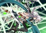  1girl ayasato_karen curtained_hair detached_sleeves dual_wielding eiyuu_densetsu fie_claussell floating_scarf green_eyes gunblade highres holding holding_weapon long_hair parted_bangs pouch scarf sen_no_kiseki_(series) sen_no_kiseki_iv short_shorts shorts simple_background thighhighs weapon white_hair 
