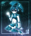  1girl 2000s_(style) android animification blue_hair blue_skirt colored_skin commentary english_commentary faux_retro_artstyle highres jenny_wakeman joints looking_at_viewer mechanical_hair metal_skin my_life_as_a_teenage_robot neon-juma robot robot_girl robot_joints skirt smile solo twintails 