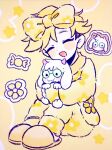  2boys absurdres blonde_hair blush bow candy character_doll closed_eyes commentary deltarune doll floral_print flower flowery_(deltarune) food geldslzcyf59548 goat_boy green-framed_eyewear hair_bow highres horns hugging_doll hugging_object multiple_boys pajamas pink_horns ralsei sitting sleepwear slippers smile solo_focus star_(symbol) untranslatable_commentary utdr_(toby_fox) yellow_background yellow_bow yellow_flower yellow_theme 
