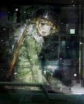  1girl black_eyes blonde_hair blywkissy2 chinese_commentary coat commentary_request distortion fur-trimmed_coat fur_trim green_coat gun gun_on_back helmet highres long_sleeves looking_at_viewer open_mouth rifle shoujo_shuumatsu_ryokou sitting snowing solo weapon weapon_on_back yuuri_(shoujo_shuumatsu_ryokou) 