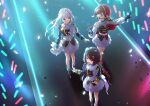  3girls aiguillette ange_katrina animal_ears armband blue_armband blue_cape blue_eyes blue_gloves blue_hair blue_shirt blue_shoes blue_skirt braid brown_hair cape character_charm charm_(object) clothing_cutout colored_inner_hair commentary_request confetti dog_ears dog_hair_ornament dorimi_(drrrimi) earrings frilled_skirt frills from_above glint gloves glowstick gold_trim hair_ornament hair_ribbon hairclip half_up_braid hands_up headset heterochromia highres idol_clothes inui_toko jewelry layered_shirt light_particles lize_helesta long_hair long_sleeves looking_to_the_side low_twin_braids midriff miniskirt missing_tail multicolored_hair multiple_girls nijisanji nijisanji_matching_outfit open_mouth pointing puffy_long_sleeves puffy_sleeves purple_eyes red_cape red_eyes red_hair red_ribbon ribbon sanbaka_(nijisanji) sebastian_piyodore shirt shoes short_hair shoulder_cutout side_cape silver_tiara single_bare_shoulder skirt sleeve_cuffs smile stage standing streaked_hair twin_braids two-sided_cape two-sided_fabric two-tone_hair very_long_hair virtual_youtuber waving white_hair white_shirt white_skirt yellow_eyes 