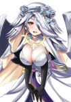  1girl black_gloves blush breasts capelet cleavage collar commentary_request dress duel_masters duel_masters_play's elbow_gloves floating_shield gloves gradient_clothes grey_hair hair_over_one_eye highres large_breasts musan_(mu34mi) open_mouth shield solo veil wedding_(duel_masters) white_background white_capelet white_dress yellow_eyes 