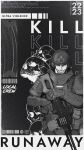  1boy absurdres armor berserk combat_helmet cover crazy_grin crazy_smile english_text fyugins_png grin gun guts_(berserk) helmet highres holding holding_gun holding_weapon machine_gun male_focus military military_uniform monochrome one_eye_closed pk_machine_gun propaganda russian_ground_forces russo-ukrainian_war shoulder_pads skull smile solo teeth weapon 