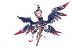  1girl absurdres arms_up black_bow black_dress black_shrug black_thighhighs black_wings bow breasts chest_belt chinese_commentary cleavage commentary_request dress hair_bow hair_intakes hair_ornament hands_up highres holding holding_knife knife large_breasts looking_at_viewer mechanical_wings medium_hair multiple_wings official_alternate_costume pink_hair pointy_ears purple_eyes remielle_dan remielle_dan_(moonlight_whispers) shrug_(clothing) simple_background smile solo tameng_official thighhighs white_background wings zenless_zone_zero 