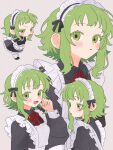  1girl apron black_dress black_shoes blush blush_stickers bow bowtie chibi colored_eyelashes commentary_request dress enmaided frilled_apron frills green_eyes green_hair grey_background gumi hand_up highres komori_kamome long_sleeves looking_at_viewer lower_teeth_only maid maid_apron maid_headdress multiple_views open_mouth parted_lips red_bow red_bowtie ribbon shoes short_hair short_hair_with_long_locks sidelocks simple_background smile socks teeth upper_body vocaloid white_apron 