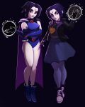  2girls belt black_dress black_jacket black_pantyhose boots breasts cape choker commentary dc_comics dress fingerless_gloves fishnet_gloves fishnets forehead_jewel full_body gloves highres in-franchise_crossover jacket leotard looking_at_viewer multiple_girls multiversus pantyhose purple_boots purple_cape purple_choker purple_eyes purple_hair purple_leotard raven_(dc) shoes short_hair simple_background smile sneakers teen_titans the_awesombrosos v-shaped_eyebrows 