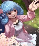  1girl :d absurdres blue_hair blush breasts cherry_blossoms cleavage collarbone commentary_request cowboy_shot datemegane day dress falling_petals flower hair_flower hair_ornament hand_up highres jacket kotonoha_aoi large_breasts long_hair long_sleeves lower_teeth_only open_clothes open_jacket open_mouth outdoors petals pink_jacket pleated_dress smile solo teeth voiceroid white_dress 