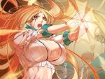  1girl bleach bleach:_sennen_kessen-hen blood blood_from_eyes blood_on_clothes blood_on_face breasts brown_hair center_opening cleavage cleavage_cutout clothing_cutout floating_hair flower highres huge_breasts inoue_orihime karra_art light_rays loose_hair_strand lotus open_mouth orange_hair outstretched_arms ribbed_vest shun_shun_rikka solo torn_clothes triangle_hands vest white_vest zoom_layer 
