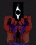  black_eyes black_nails blood clenched_hands colored_extremities commentary crushing disembodied_hand distortion dried_blood looking_at_viewer omo_dog omori red_hands something_(omori) static untranslatable_commentary 