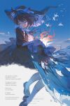  1girl animal_ear_fluff animal_ears artist_name back_bow black_dress black_hair black_ribbon blue_sky book bow breasts cat_ears character_request chinese_text closed_mouth cloud commentary commission copyright_request crescent_moon dress english_text frilled_dress frills glasses highres holding holding_book lighthouse looking_down maid maid_headdress mixed-language_text moon neck_ribbon origami paper_boat paper_crane perspective ribbon sample_watermark sanyue_xun shoes short_hair sitting sky sleeve_ribbon small_breasts socks solo water watermark white_bow white_socks 