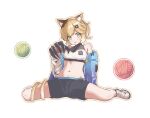  1girl :p animal_ears arknights bare_shoulders black_shorts blonde_hair blue_jacket blush breasts brown_streaks calico_(pattern) cat_ears cat_girl cat_tail claw_(weapon) commentary_request green_eyes haruuuu1185_(kubaharu) highres invisible_chair jacket looking_at_viewer medium_breasts mousse_(arknights) mousse_(hydration_time)_(arknights) multicolored_hair off_shoulder official_alternate_costume open_clothes open_jacket outline shoes short_hair shorts simple_background sitting solo sports_bra spread_legs streaked_hair sweat tail tail_around_own_leg tongue tongue_out wariza weapon white_background white_shoes white_sports_bra white_streaks yarn yarn_ball 