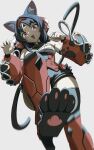  1girl absurdres animal_ear_fluff animal_ears animal_feet barcode barcode_tattoo bare_shoulders black_hair bunkopop cable cable_tail cat_ears cat_girl cat_tail claw_pose commentary dark-skinned_female dark_skin detached_sleeves english_commentary facial_mark forehead_mark forehead_tattoo from_below grey_background hairband highres long_hair looking_at_viewer mechanical_tail multiple_tails nekomiya_mana open_mouth red_eyes red_hairband simple_background single_claw_pose single_paw_pose solo tail tattoo thighhighs triangle triangle_facial_mark two_tails zenless_zone_zero 