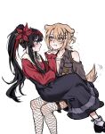  2girls 659x662 animal_ears black_hair black_skirt blonde_hair brown_jacket commentary_request dog_ears dog_girl dog_tail fishnet_pantyhose fishnets flower hair_flower hair_ornament hasumi_leia high-waist_skirt highres jacket korean_commentary long_hair mahou_shoujo_no_majo_saiban mixed-language_commentary multicolored_hair multiple_girls nikaido_hiro pantyhose ponytail red_eyes red_flower red_skirt red_streaks simple_background sitting sitting_on_lap sitting_on_person skirt streaked_hair tail white_background yellow_eyes yuri 