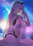  1girl absurdres adjusting_hair beach black_choker black_slingshot_swimsuit breasts choker cinderella_(crystal_wave)_(nikke) cinderella_(nikke) commentary commission eyes_visible_through_hair eyewear_on_head goddess_of_victory:_nikke hair_down hand_in_own_hair highres long_hair looking_at_viewer naruta_(nmaf4445) navel ocean official_alternate_costume red_eyes sky slingshot_swimsuit smile solo star_(sky) starry_sky stomach sunglasses swimsuit very_long_hair wet 