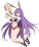  1girl adapted_weapon animal_ears between_breasts bikini bikini_skirt black_bikini black_sandals breasts clothes_between_breasts commentary full_body hakurei_frontier_spell_strive highres holding holding_water_gun kamukamu_(ars) large_breasts long_hair looking_at_viewer nail_polish navel necktie necktie_between_breasts official_art one_eye_closed open_mouth purple_hair purple_nails rabbit_ears rabbit_girl red_eyes red_necktie red_skirt reisen_udongein_inaba sandals shirt side-tie_bikini_bottom simple_background skirt solo stomach swimsuit tied_shirt toenail_polish toenails touhou very_long_hair water_gun white_background white_shirt 