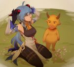  1boy 1girl absurdres ahoge armpits bare_shoulders bell black_eyes black_gloves blue_hair bodystocking breasts closed_mouth commentary cow_horns cowbell crossover english_commentary flower ganyu_(genshin_impact) genshin_impact gloves goat_horns grass hair_between_eyes highres horns leotard leotard_under_clothes long_hair medium_breasts neck_bell niu_lai niu_lai_(character) pantyhose pink_flower purple_eyes schmakomako shadow sidelocks sweat trait_connection white_flower 