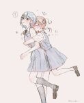  2girls ^_^ black_socks blue_hair blush brown_eyes closed_eyes collared_shirt commentary dress foot_out_of_frame glomp grey_dress grin hair_bun hug hug_from_behind inaka_(ina_linden_) long_hair love_live! love_live!_superstar!! multiple_girls neck_ribbon pinafore_dress pleated_dress red_hair red_ribbon ribbon school_uniform shirt short_dress short_hair short_sleeves single_side_bun sleeveless sleeveless_dress smile socks speech_bubble summer_uniform translated twitter_username untranslatable_commentary wakana_shiki white_shirt yoneme_mei yuigaoka_school_uniform yuri 