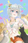  0niq 1girl absurdres animal_ears aqua_bikini bare_shoulders bikini bikini_under_clothes blue_eyes blush breasts cat collarbone commentary_request ear_scrunchie green_bikini grey_hair hair_between_eyes highres horse_ears horse_girl horse_tail official_alternate_costume open_clothes open_fly open_mouth open_shorts orange_shorts seiun_sky_(nagisa_no_kimagure_orange)_(umamusume) seiun_sky_(umamusume) shirt short_hair shorts small_breasts smile sweatdrop swimsuit tail umamusume white_shirt 