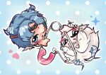  2boys absurdres angert_(infinity_nikki) blue_background blue_eyes blue_hair blue_horns braid brown_headband chibi chinese_commentary circlet closed_mouth commentary_request crescent crescent_necklace dark-skinned_male dark_skin dragon_boy dragon_horns dragon_tail ear_piercing halftone halftone_background headband heart highres horns infinity_nikki jewelry leishedengdengdengdengdengdeng light_blush long_hair male_focus meghill_(infinity_nikki) multiple_boys necklace nikki_(series) one_eye_closed outline paperclip parksolian_(infinity_nikki) parted_bangs parted_lips piercing pointy_ears polka_dot polka_dot_background rotational_symmetry short_hair single_braid smile sparkle tail white_hair white_outline 