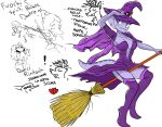  anthro breasts broom broom_riding ceratopsian cervid cleaning_tool cleavage clothed clothing dinosaur facial_horn fang_(gvh) female freckles goodbye_volcano_high hair hat headgear headwear horn italian_text lingerie long_snout long_tail mammal markings ornithischian pterodactylus pterosaur purple_body purple_eyes purple_hair reptile scalie sketch small_waist snoot_game_(fan_game) snout solo text triceratops trish_(gvh) video_games witch_costume witch_hat yakkokatto 