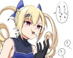  1girl ? baseball_uniform black_gloves blonde_hair blue_bow blue_shirt bow candy cinderella_series commentary_request drill_hair eating food food_in_mouth gloves hachigatsu_no_cinderella_nine hair_bow hair_ornament hairclip kosaka_tsubaki lollipop lollipop_in_mouth long_hair moti_coi open_mouth red_eyes shirt sleeveless sleeveless_shirt solo sound_effects sparkle speech_bubble sportswear thought_bubble translation_request twin_drills upper_body white_background 