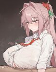  1boy 1girl absurdres breasts brown_background closed_mouth commentary cum cum_on_body cum_on_clothes cum_on_self ejaculation english_commentary fate/grand_order fate_(series) gradient_background hair_intakes hair_ornament highres huge_breasts long_hair manglifer necktie orange_necktie paizuri paizuri_under_clothes pink_hair red_eyes shirt sidelocks solo_focus verdandi_(fate) white_shirt 