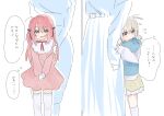  4girls absurdres aged_down black_ribbon blue_eyes blue_shirt commentary_request dress flying_sweatdrops grey_hair hair_ribbon highres kamiina_botan kamiina_botan_yoeru_sugata_wa_yuri_no_hana long_hair mother_and_child mother_and_daughter multiple_girls open_mouth parent_and_child pink_dress pink_hair ribbon shirt short_twintails skirt smile speech_bubble tears thighhighs tonami_ibuki translation_request twintails white_thighhighs xyz_takoyaki 