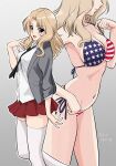  1girl :d american_flag american_flag_bikini american_flag_print arm_at_side arm_up armpits bikini bikini_tug black_necktie blonde_hair blue_eyes blush breasts collared_shirt commentary_request cowboy_shot dated dress_shirt eyes_out_of_frame flag_print flag_print_bikini girls_und_panzer grey_background grey_jacket groin head_out_of_frame jacket kay_(girls_und_panzer) long_hair long_sleeves looking_at_viewer matsui_yasutsugu medium_breasts medium_hair miniskirt multiple_views navel necktie open_clothes open_mouth pleated_skirt print_bikini red_skirt saunders_school_uniform school_uniform shirt side-tie_bikini_bottom simple_background skirt sleeves_rolled_up smile solo standing strap_gap strap_pull swimsuit thighhighs thighs untucked_shirt white_shirt white_thighhighs 